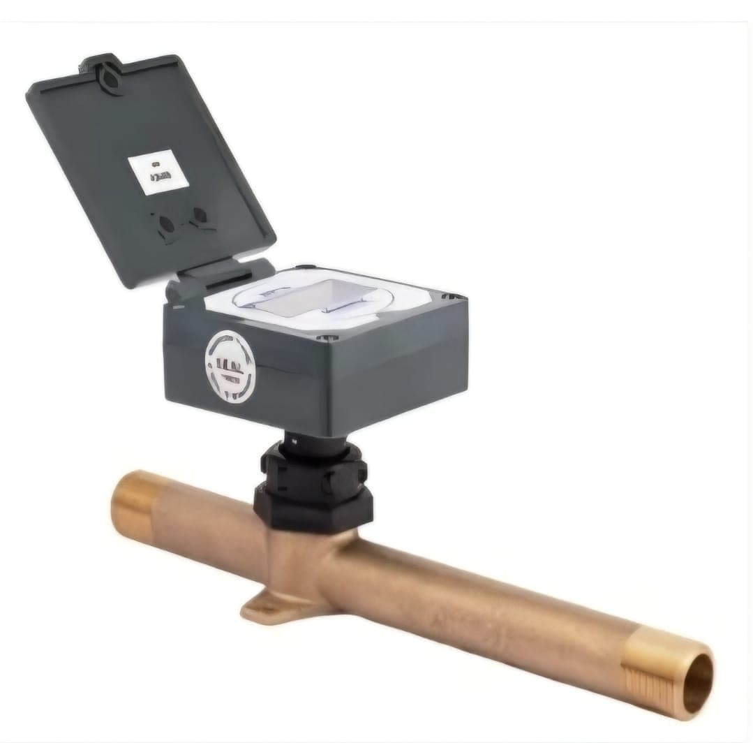Manuflo brass water meter with protective flip cover.